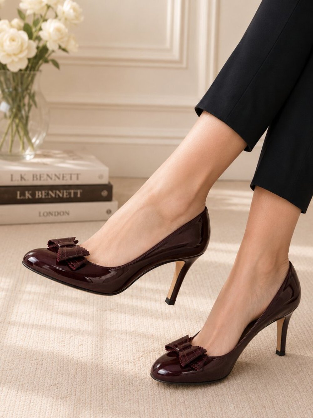 L.K. Bennett Darcia Patent Leather Bow Pumps Damson Burgundy Spain 37.5 US 7.5